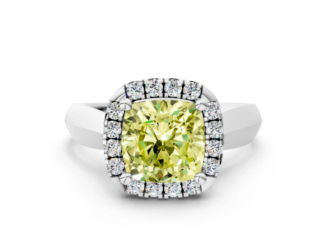 White gold Fancy Yellow Cushion  Cut Halo Solitaire Engagement Ring with Square Band and Four-Prong Setting_12