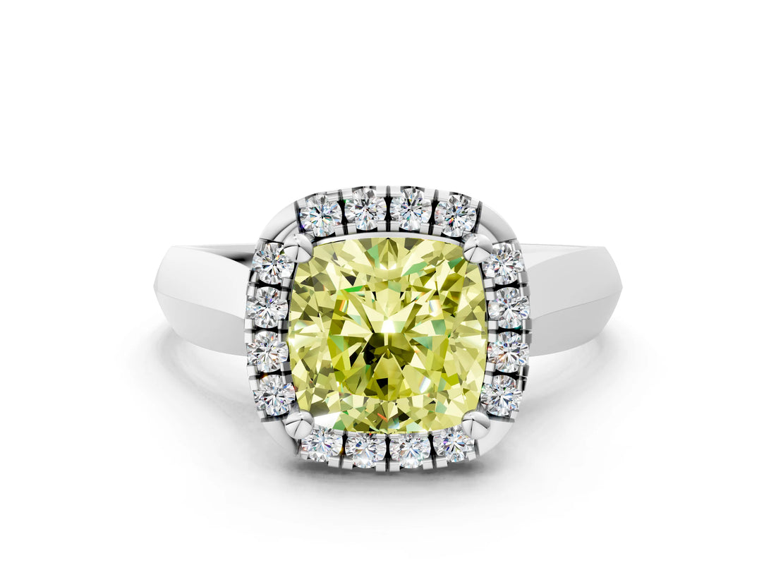 White gold Fancy Yellow Cushion  Cut Halo Solitaire Engagement Ring with Square Band and Four-Prong Setting_144
