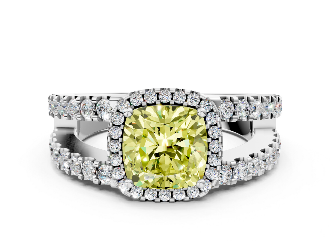 White gold Fancy Yellow Cushion  Cut Halo Split Shank Diamond Ring with Four-Prong Setting_45