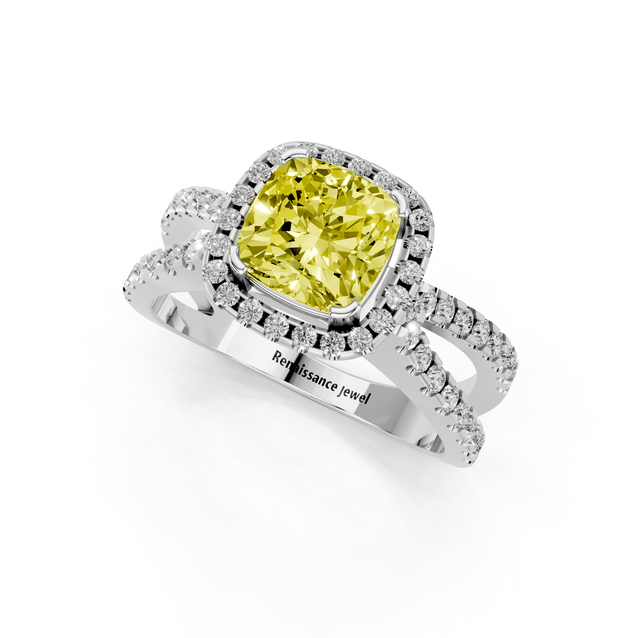 White gold Fancy Yellow Cushion  Cut Halo Split Shank Pave Set Ring_24