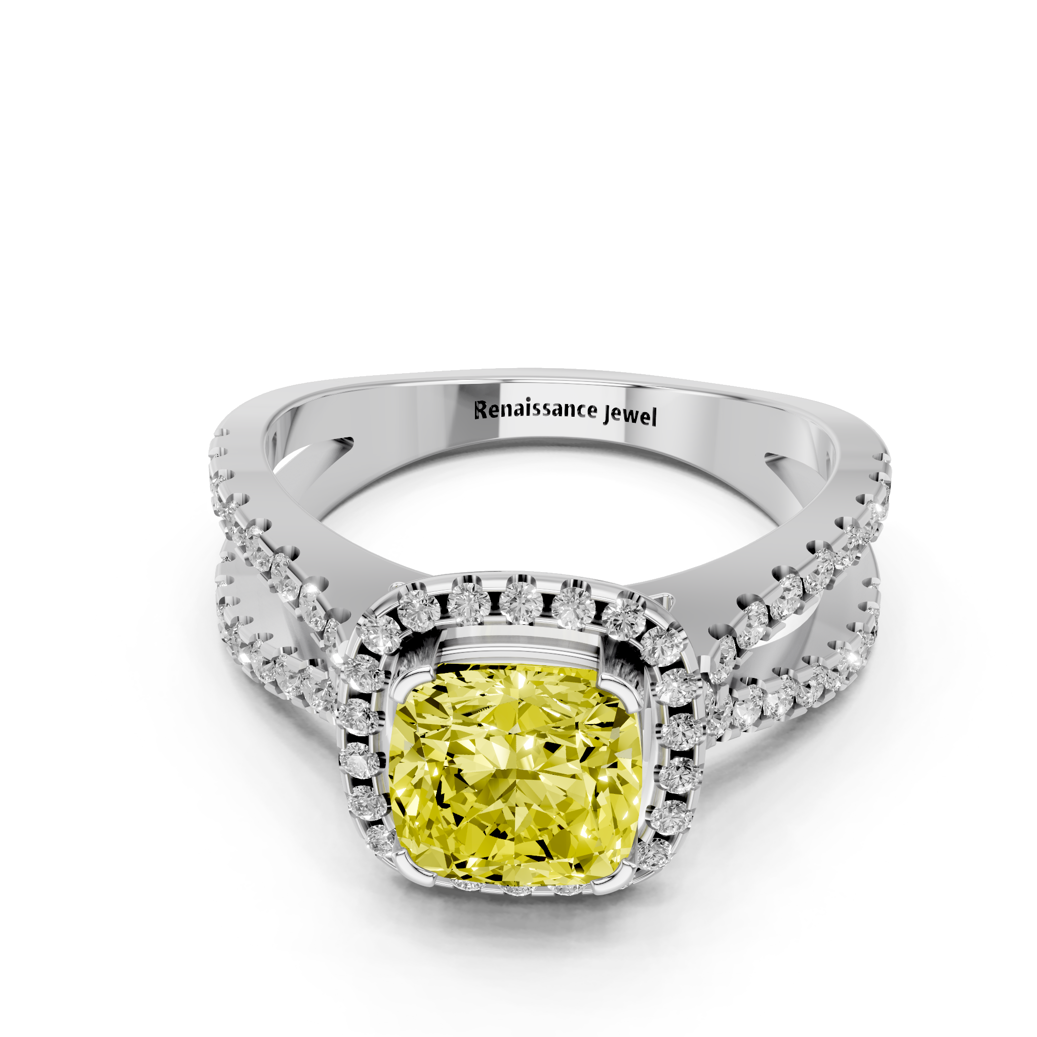 White gold Fancy Yellow Cushion  Cut Halo Split Shank Pave Set Ring_32
