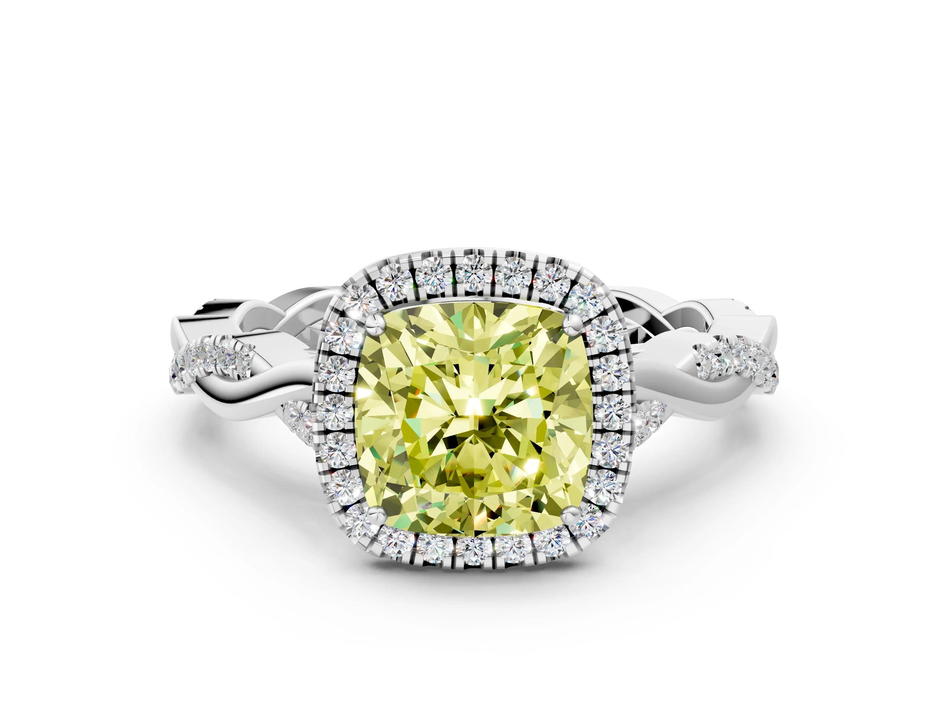 White gold Fancy Yellow Cushion Cut Halo Twist Band with Four-Prong Setting
