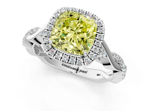 White gold Fancy Yellow Cushion Cut Halo Twist Band with Four-Prong Setting_1
