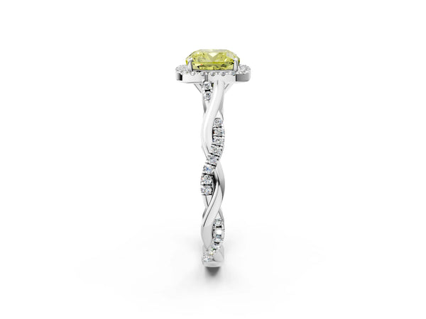 Platinum Cushion Cut Interwoven Twist Halo Engagement Ring Setting for Fancy Yellow Center