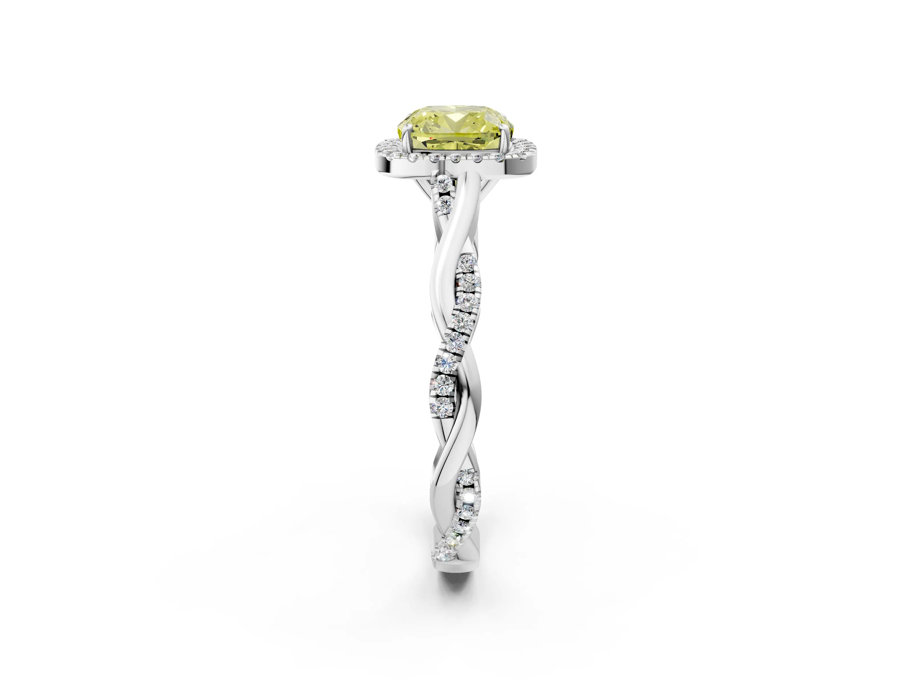 White gold Fancy Yellow Cushion Cut Halo Twist Band with Four-Prong Setting_2