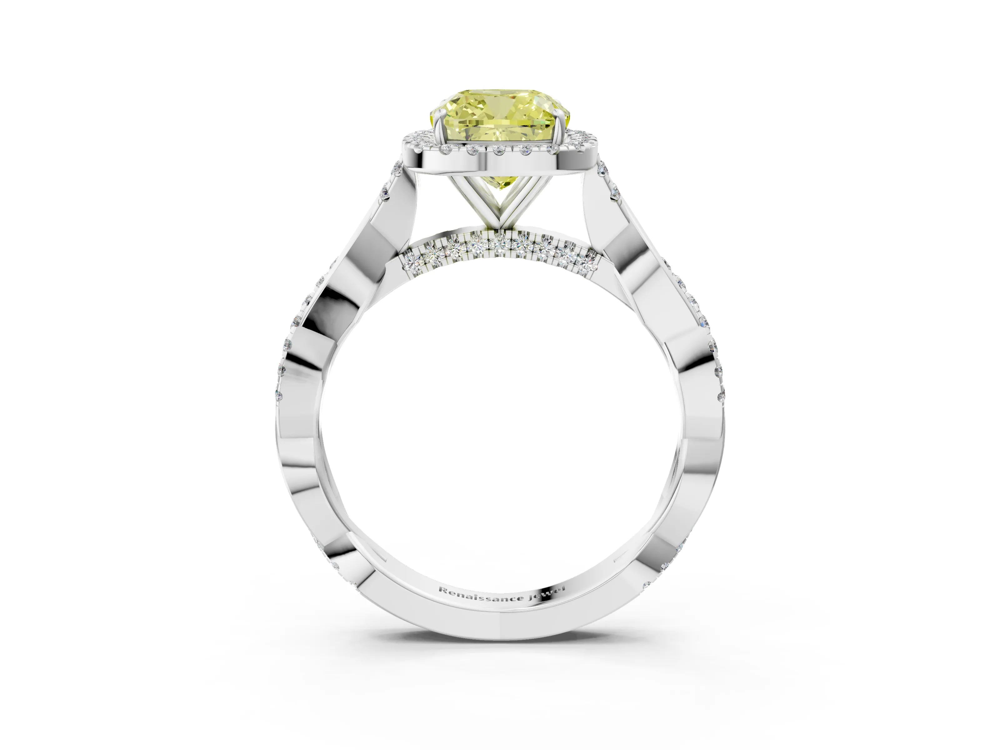 White gold Fancy Yellow Cushion Cut Halo Twist Band with Four-Prong Setting_3