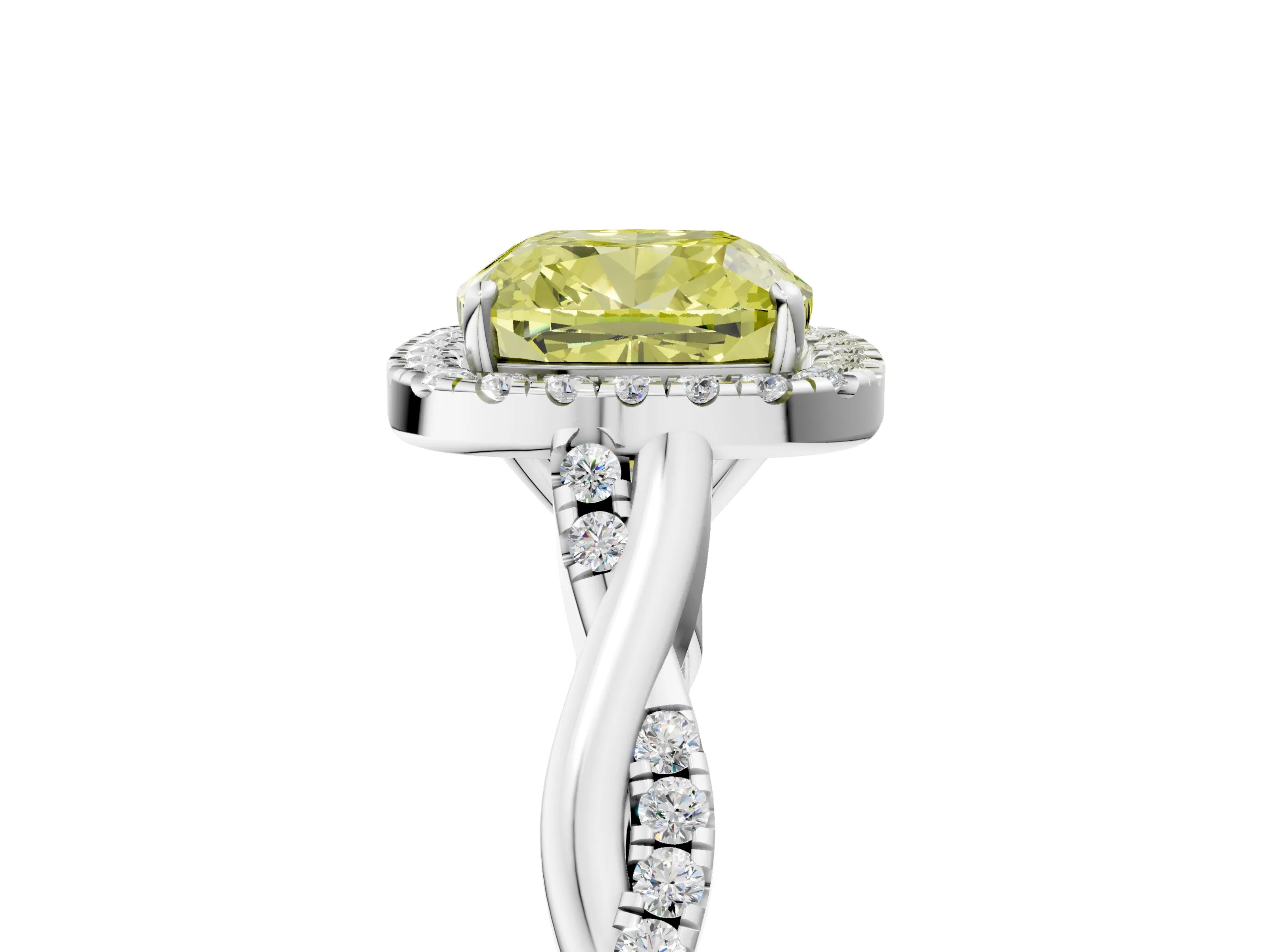 White gold Fancy Yellow Cushion Cut Halo Twist Band with Four-Prong Setting_5