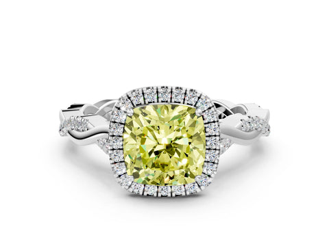 White gold Fancy Yellow Cushion Cut Halo Twist Band with Four-Prong Setting