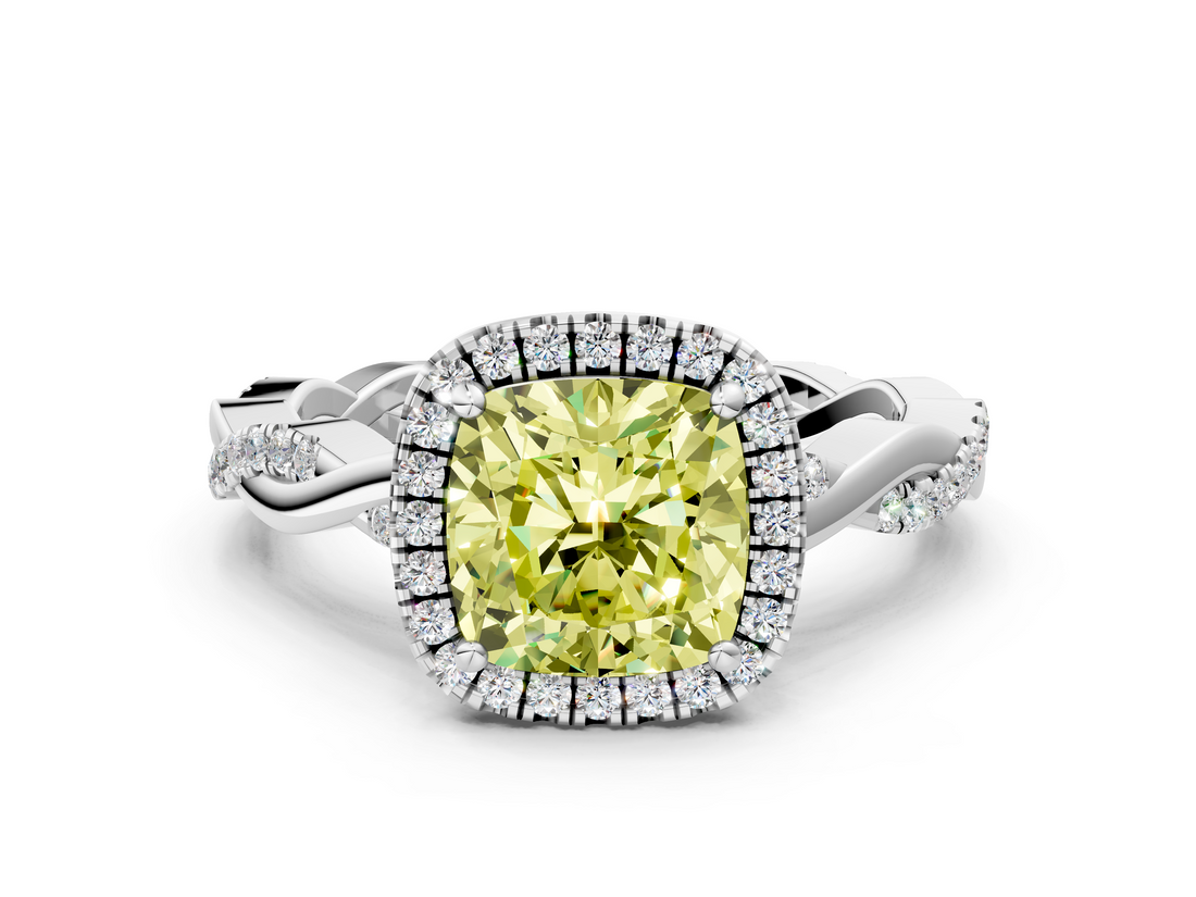 White gold Fancy Yellow Cushion  Cut Halo Twisted Band Four-Prong Ring_19