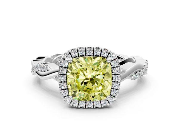 Platinum Fancy Yellow Cushion  Cut Halo Twisted Band Four-Prong Ring