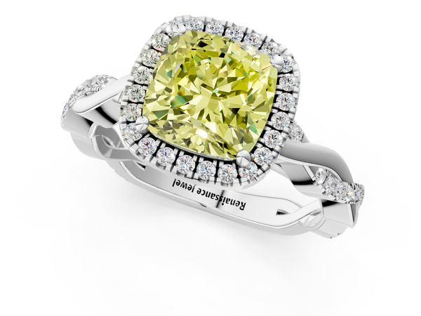 Platinum Fancy Yellow Cushion  Cut Halo Twisted Band Four-Prong Ring