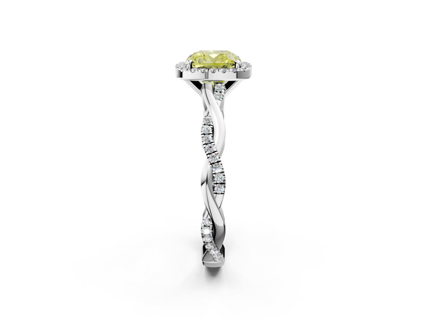 Platinum Fancy Yellow Cushion  Cut Halo Twisted Band Four-Prong Ring