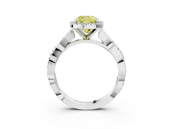 Platinum Fancy Yellow Cushion  Cut Halo Twisted Band Four-Prong Ring