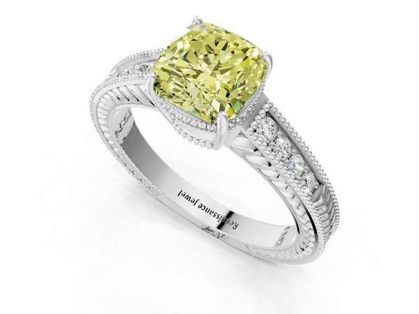 Platinum Fancy Yellow Cushion Cut Diamond Engagement Ring with Milgrain Channel Set Band and Prong Setting
