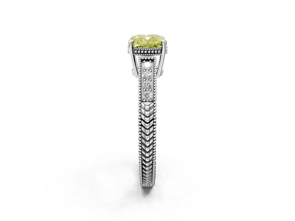 Platinum Fancy Yellow Cushion Cut Diamond Engagement Ring with Milgrain Channel Set Band and Prong Setting