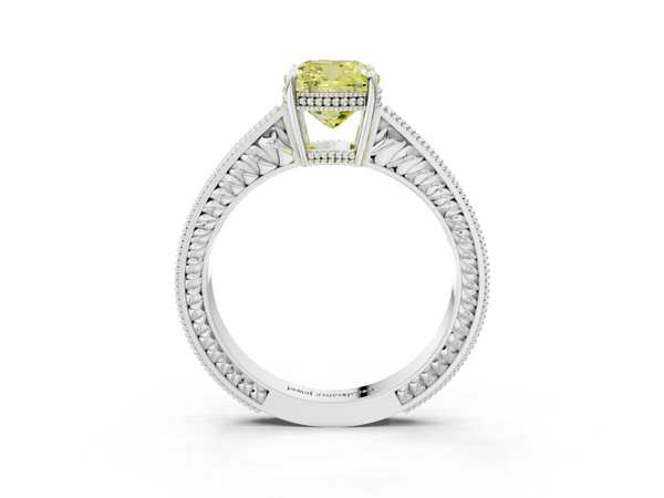 Platinum Fancy Yellow Cushion Cut Diamond Engagement Ring with Milgrain Channel Set Band and Prong Setting
