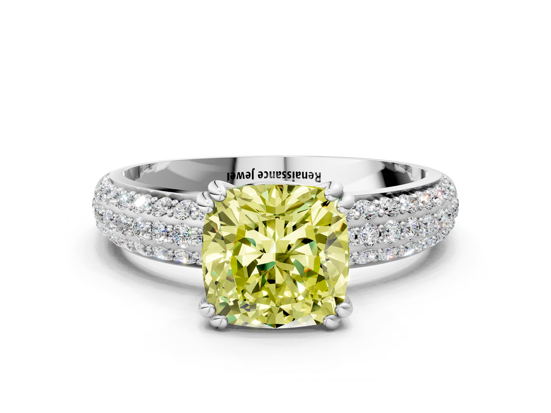 White gold Fancy Yellow Cushion  Cut Pave Diamond Engagement Ring with Channel Set Band and Four-Prong Setting_19