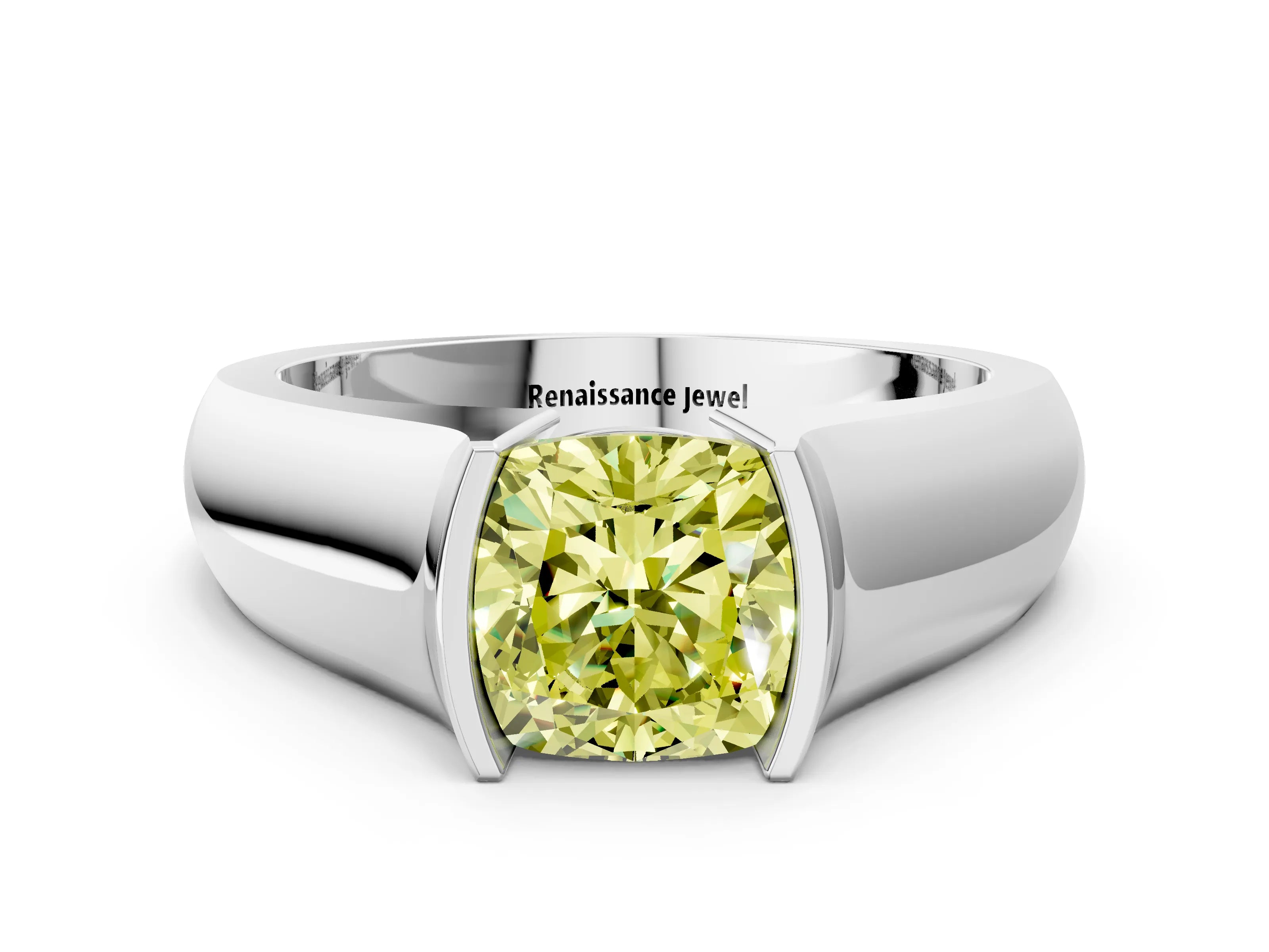 White gold Fancy Yellow Cushion Cut Solitaire Bezel Set Diamond Ring with Wide Band_12