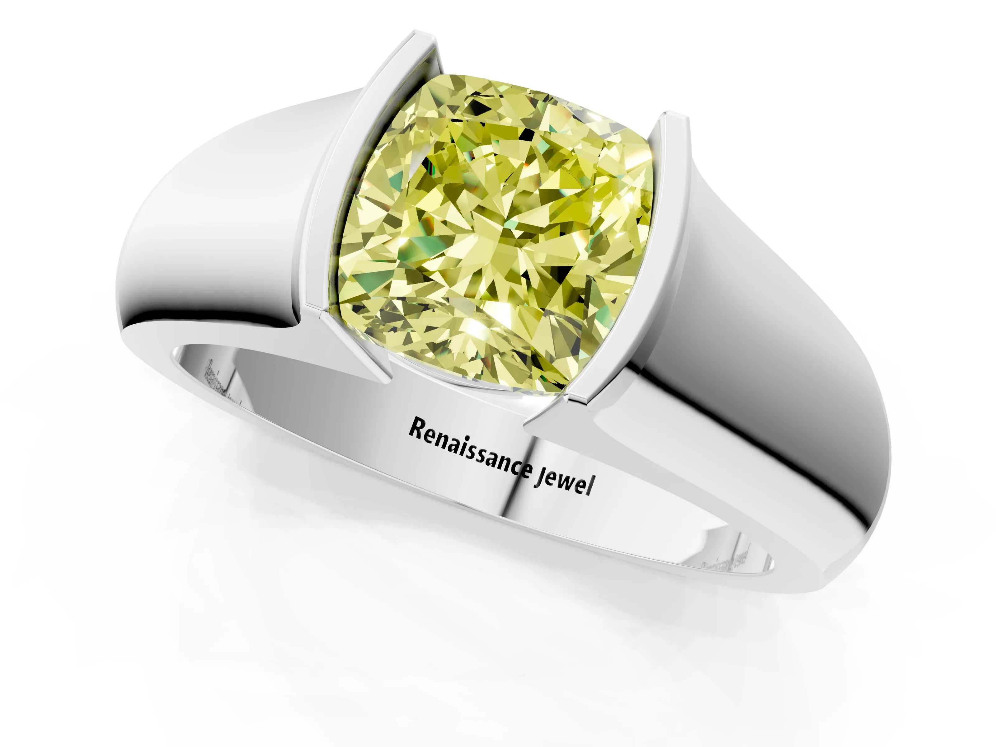White gold Fancy Yellow Cushion Cut Solitaire Bezel Set Diamond Ring with Wide Band_13
