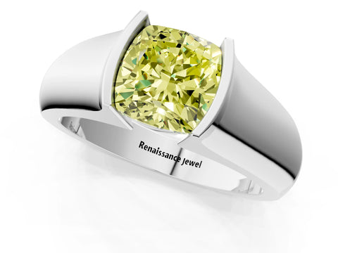 White gold Fancy Yellow Cushion Cut Solitaire Bezel Set Diamond Ring with Wide Band_13