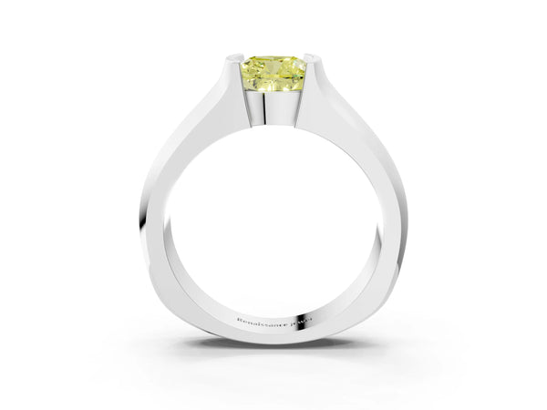 White gold Fancy Yellow Cushion Cut Solitaire Bezel Set Diamond Ring with Wide Band