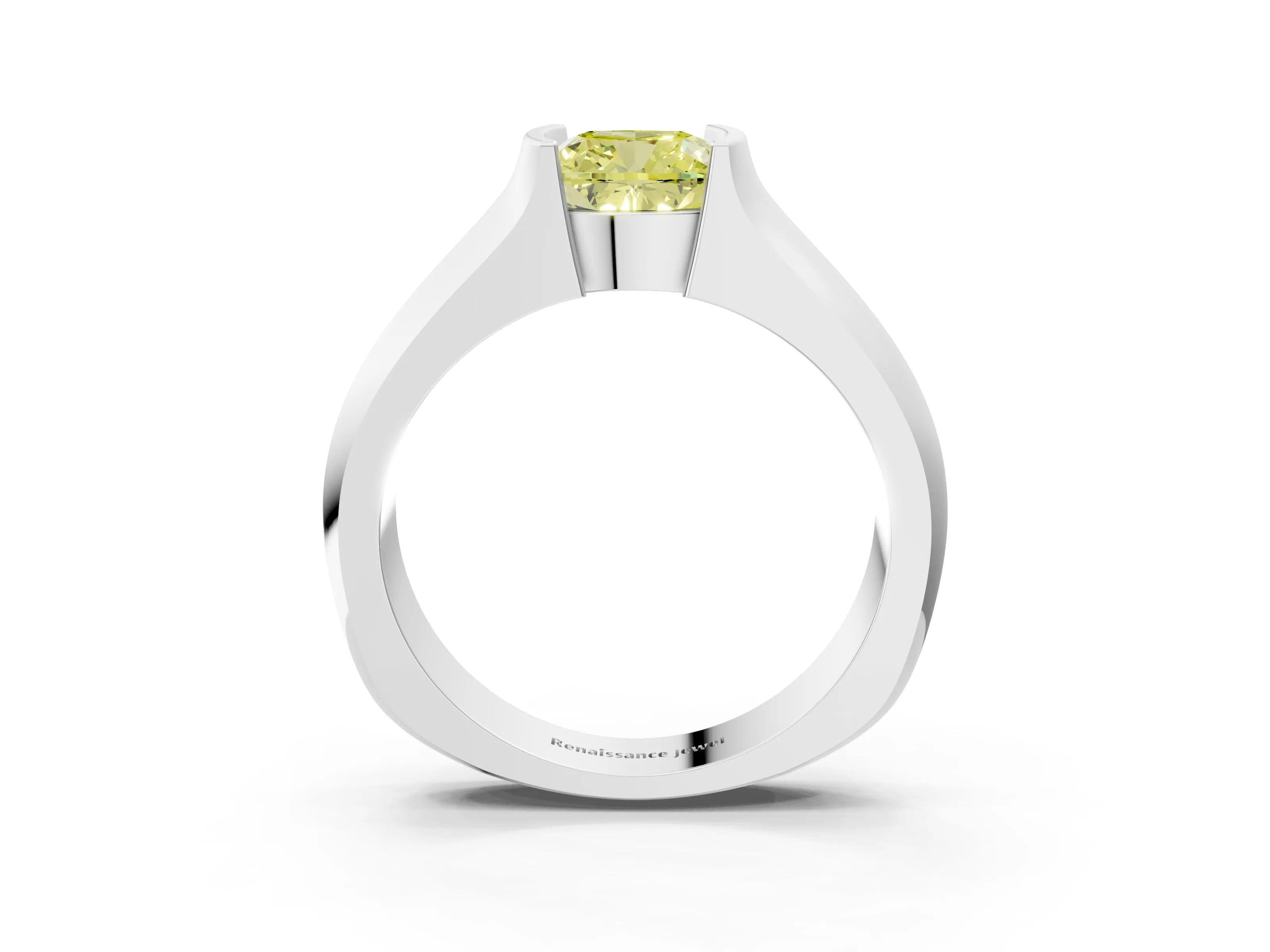 White gold Fancy Yellow Cushion Cut Solitaire Bezel Set Diamond Ring with Wide Band_15
