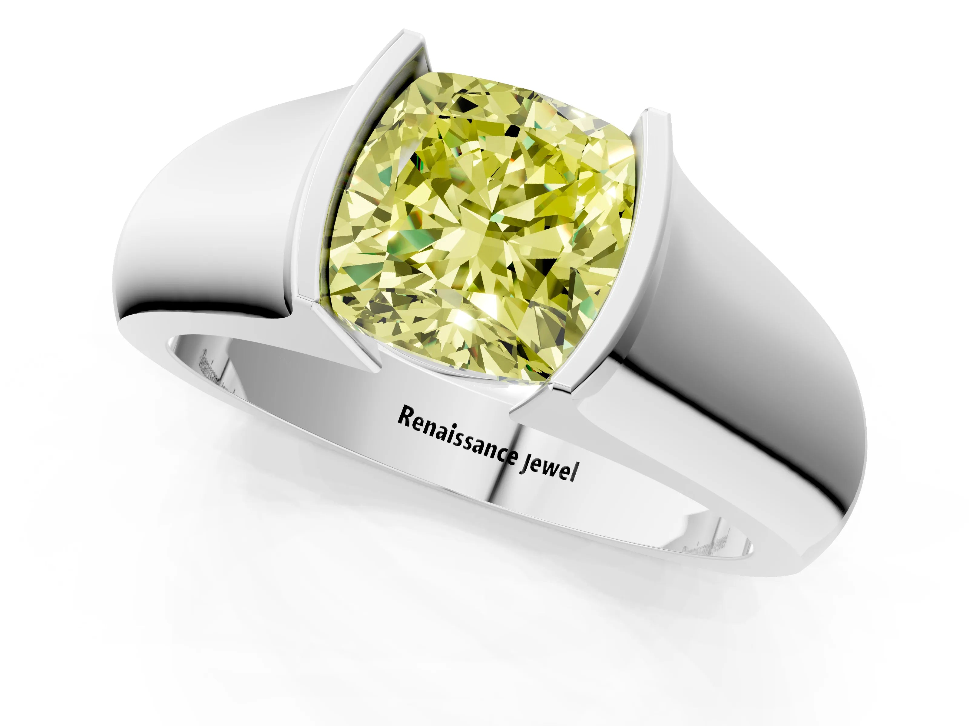 White gold Fancy Yellow Cushion Cut Solitaire Bezel Set Diamond Ring with Wide Band_1