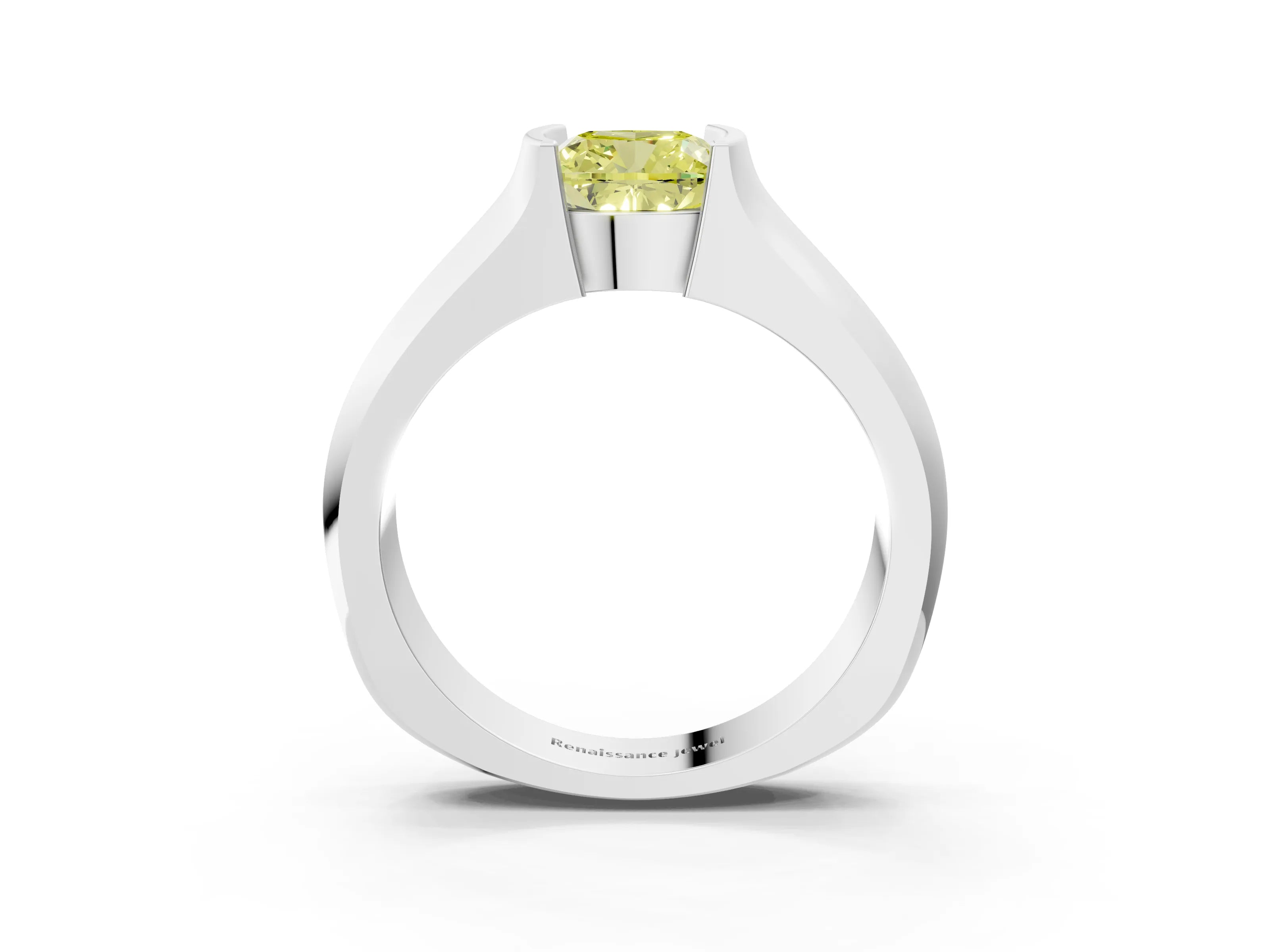 White gold Fancy Yellow Cushion Cut Solitaire Bezel Set Diamond Ring with Wide Band_3