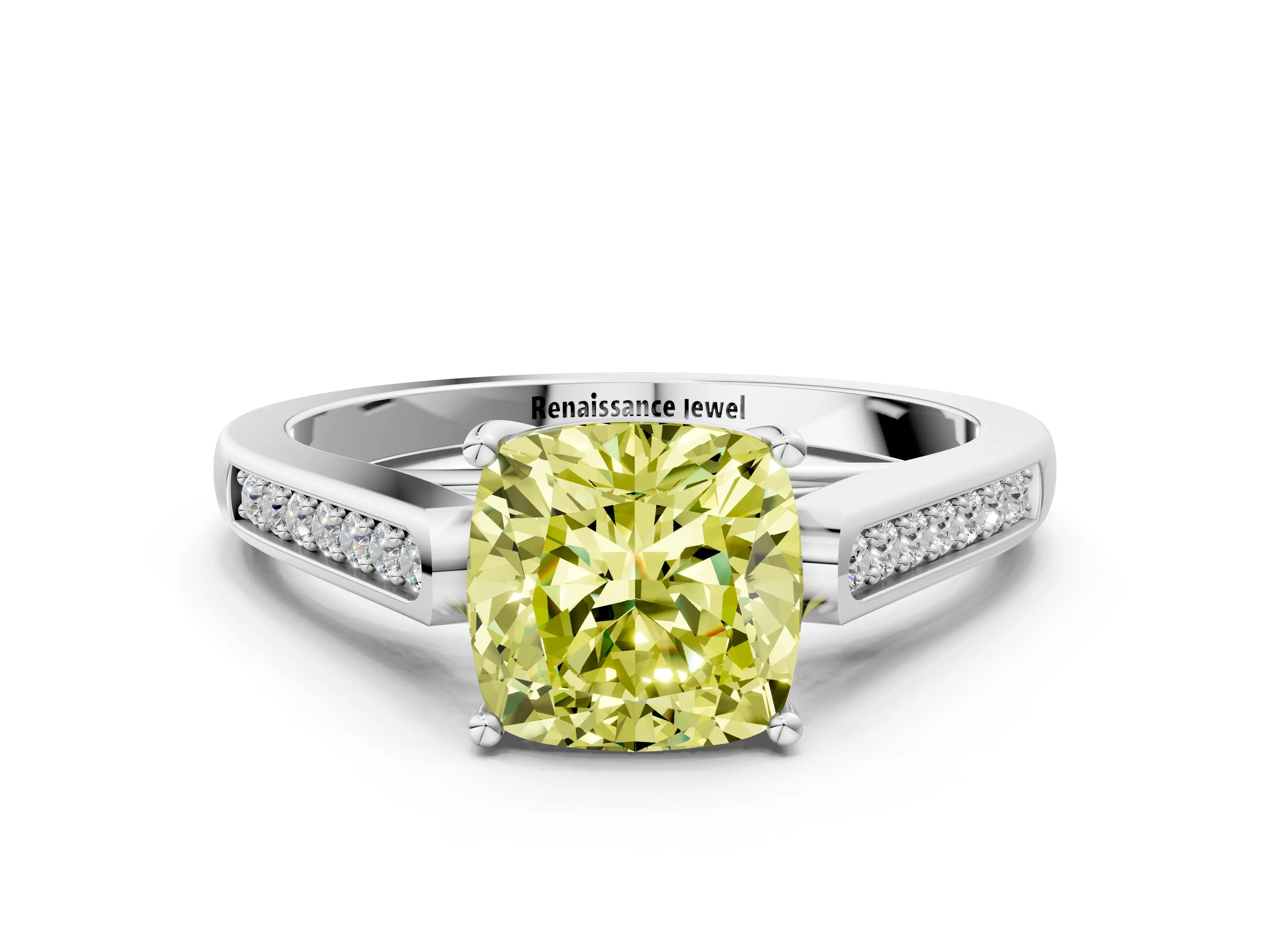White gold Fancy Yellow Cushion Cut Solitaire Cathedral Diamond Engagement Ring with Channel-Set Band and Four-Prong Setting_15