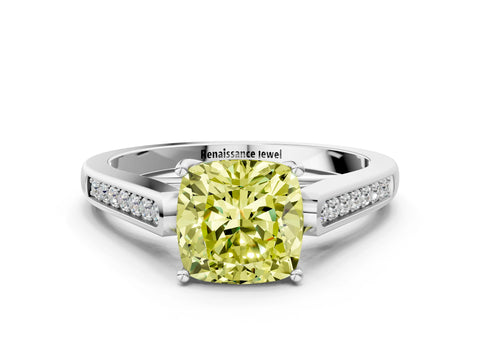 White gold Fancy Yellow Cushion Cut Solitaire Cathedral Diamond Engagement Ring with Channel-Set Band and Four-Prong Setting_15