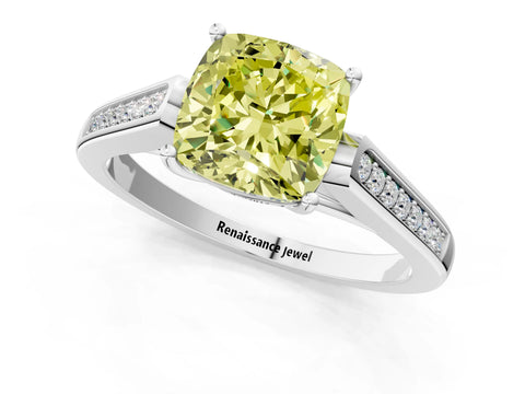 White gold Fancy Yellow Cushion Cut Solitaire Cathedral Diamond Engagement Ring with Channel-Set Band and Four-Prong Setting_16