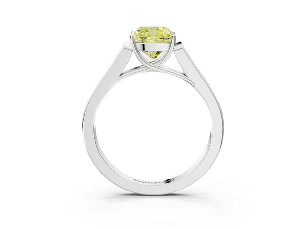 Platinum Fancy Yellow Cushion Cut Solitaire Cathedral Diamond Engagement Ring with Channel-Set Band and Four-Prong Setting
