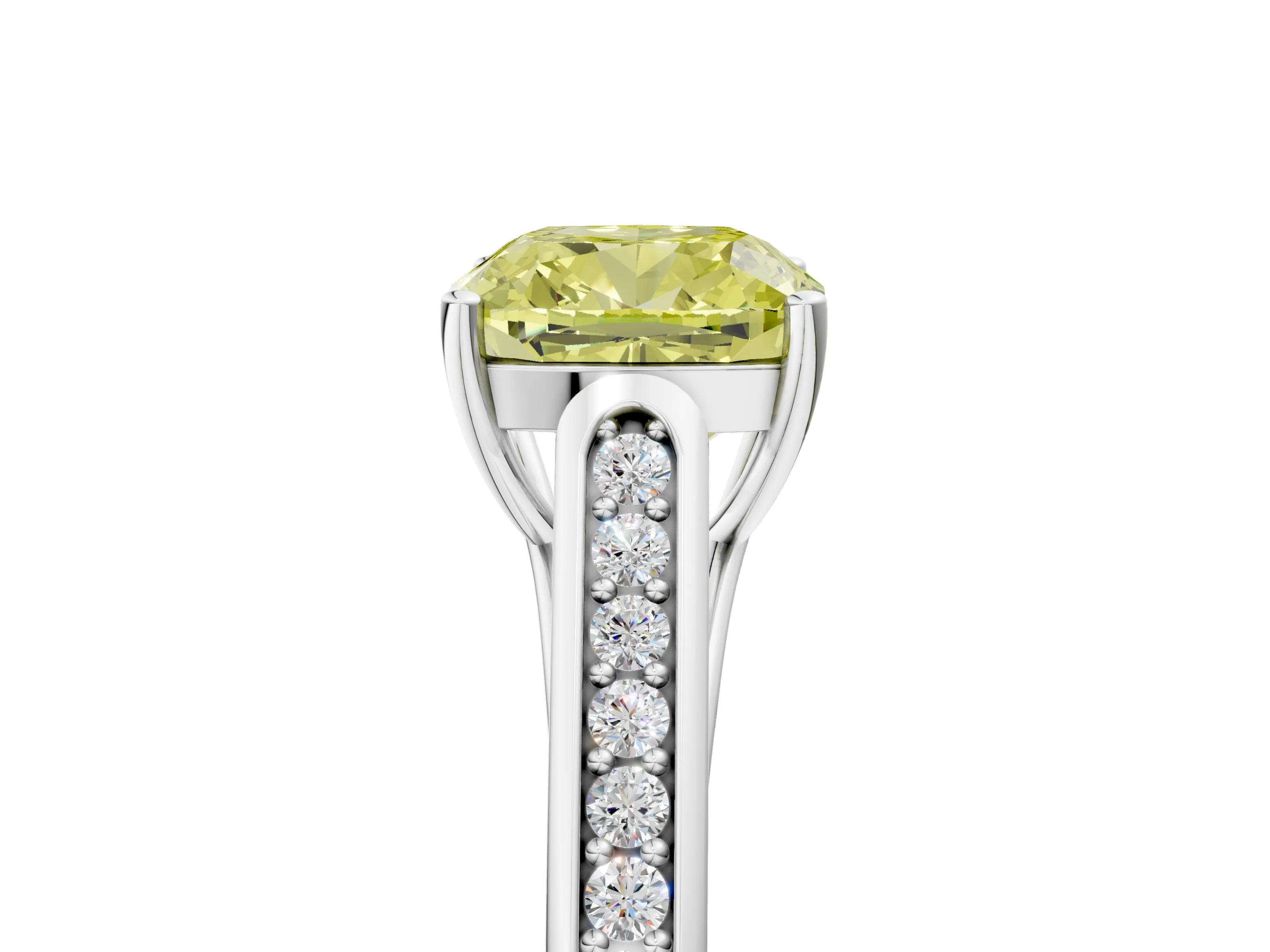 White gold Fancy Yellow Cushion Cut Solitaire Cathedral Diamond Engagement Ring with Channel-Set Band and Four-Prong Setting_20