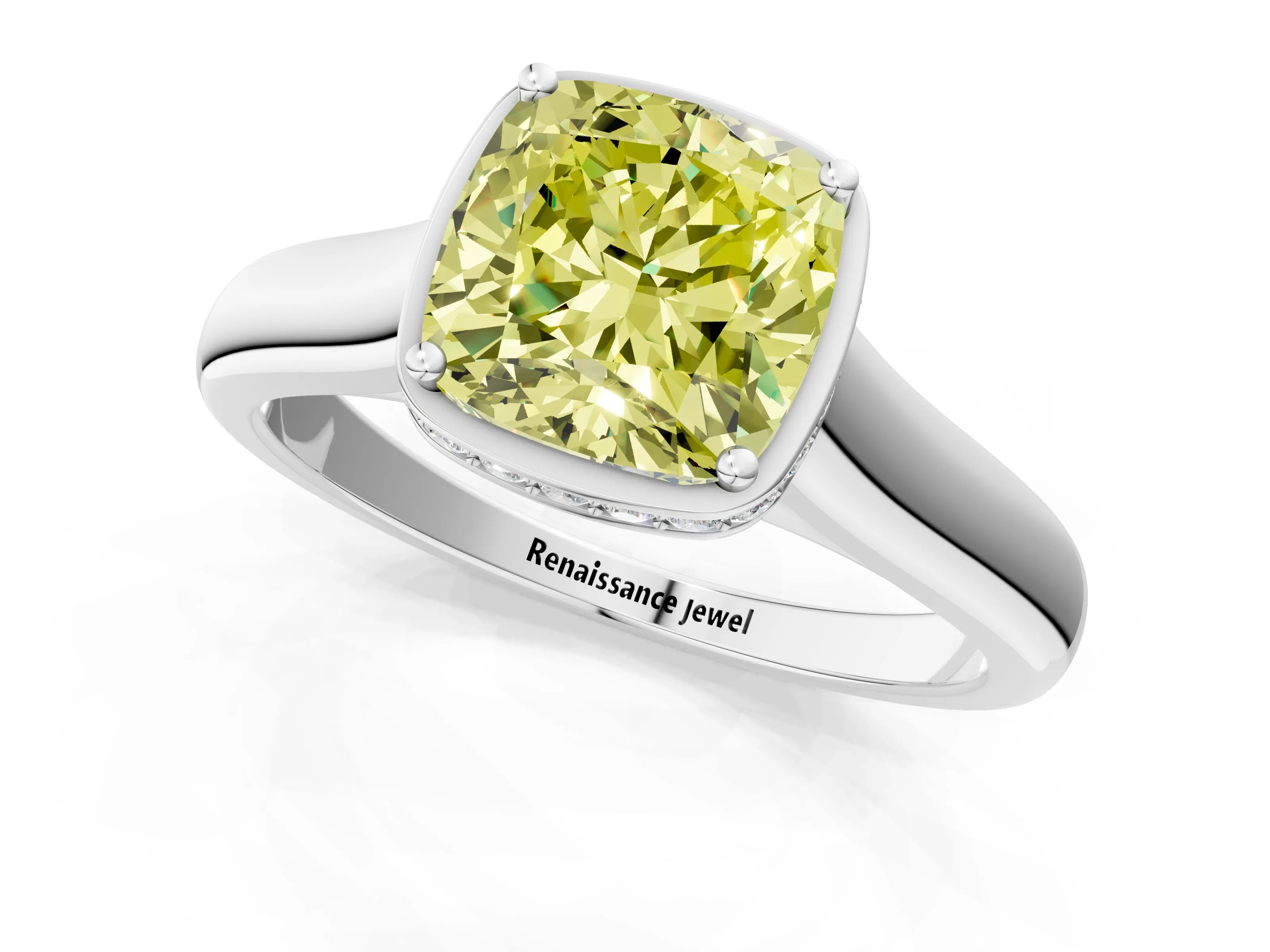 White gold Fancy Yellow Cushion Cut Solitaire Diamond Engagement Ring with Four-Prong Setting and Tapered Band_1