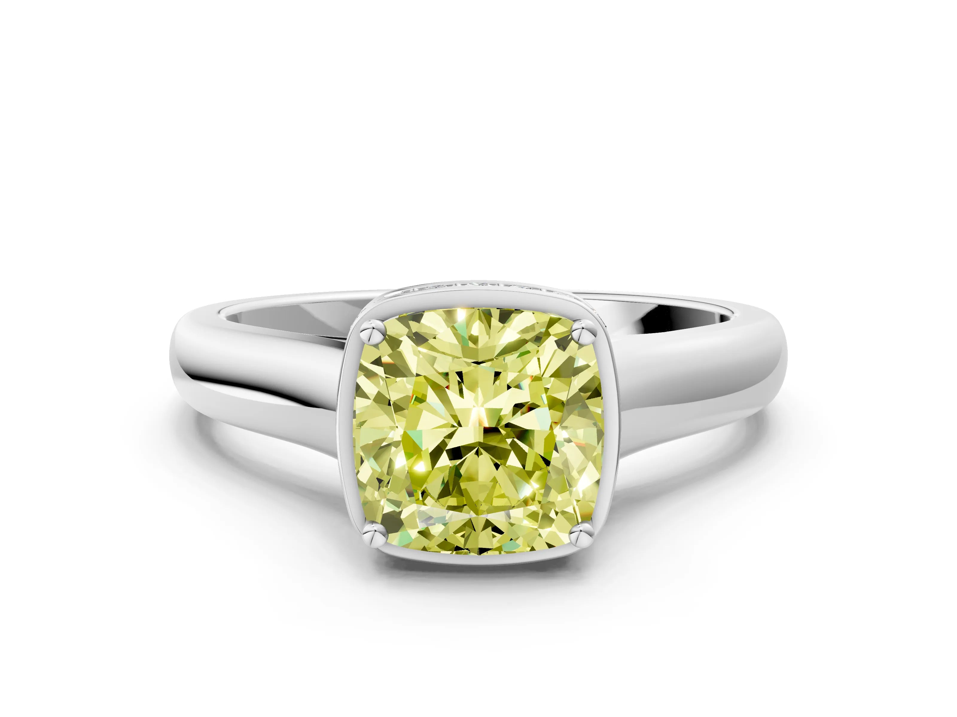 White gold Fancy Yellow Cushion Cut Solitaire Diamond Engagement Ring with Four-Prong Setting and Tapered Band