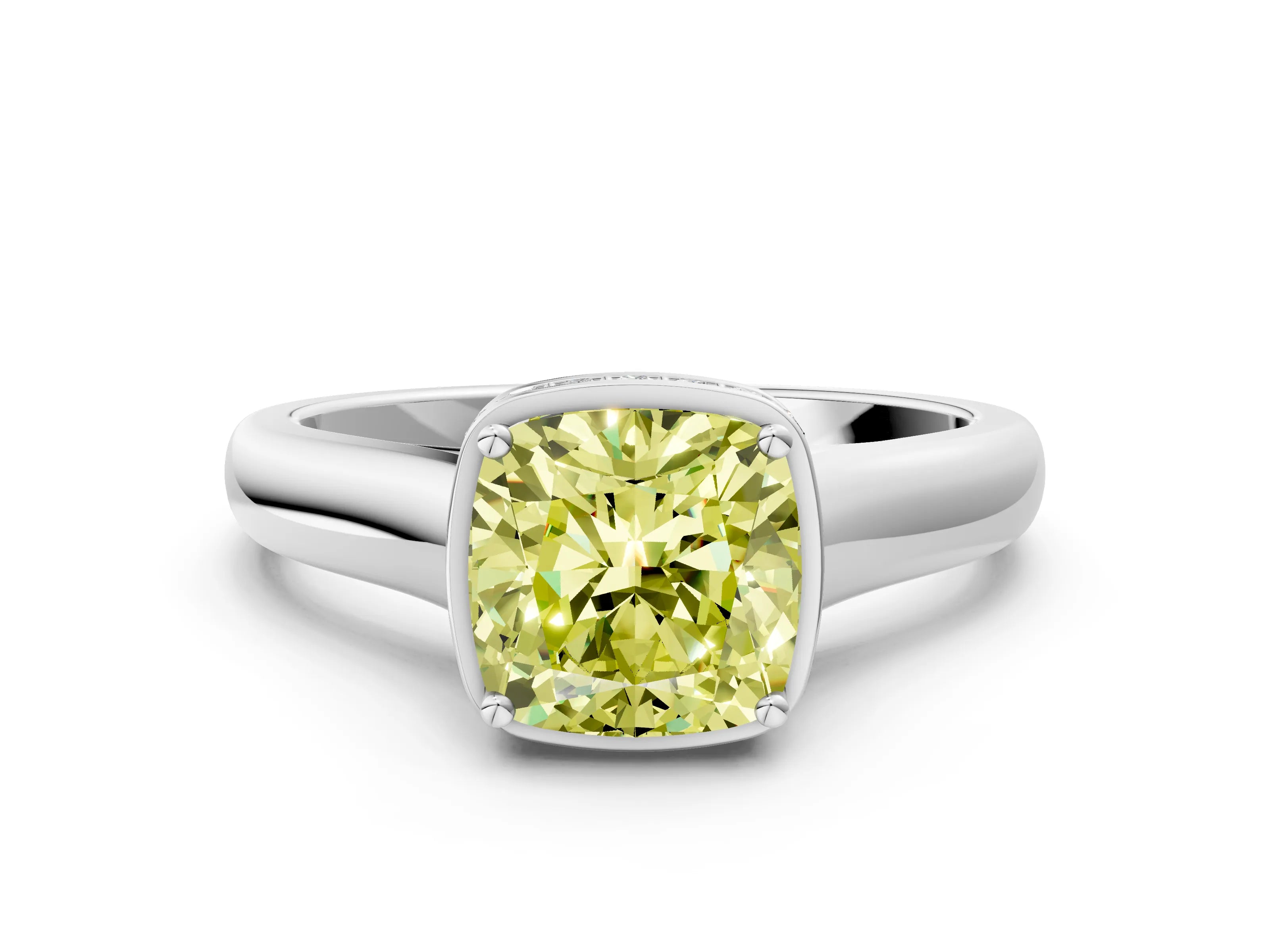 White gold Fancy Yellow Cushion Cut Solitaire Diamond Engagement Ring with Four-Prong Setting and Tapered Band_12