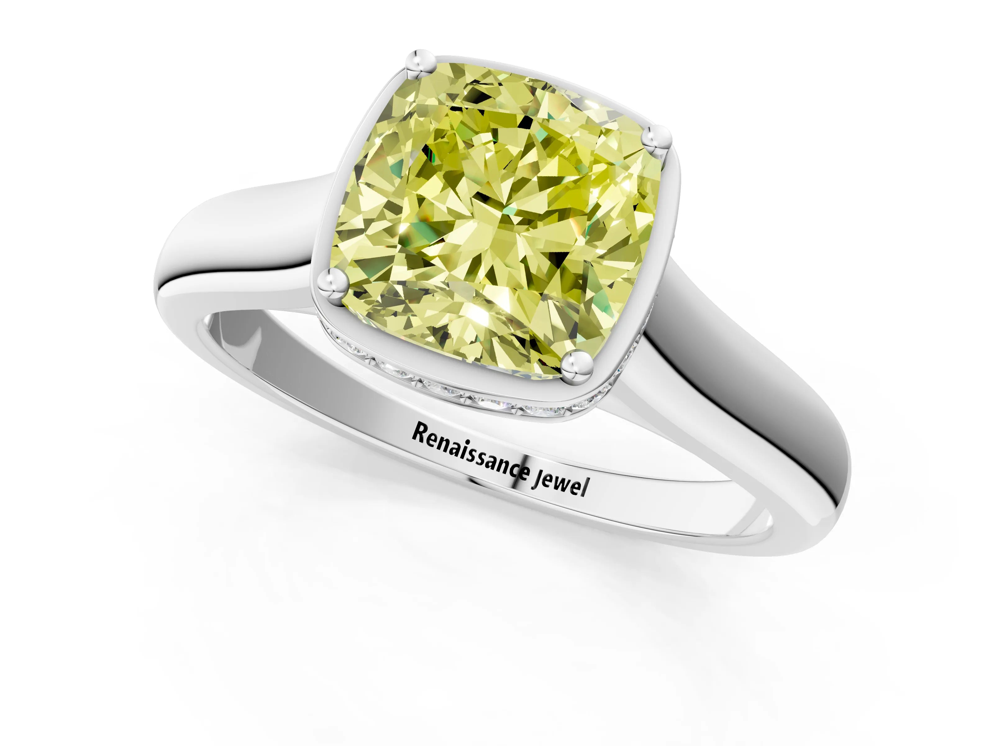 White gold Fancy Yellow Cushion Cut Solitaire Diamond Engagement Ring with Four-Prong Setting and Tapered Band_13