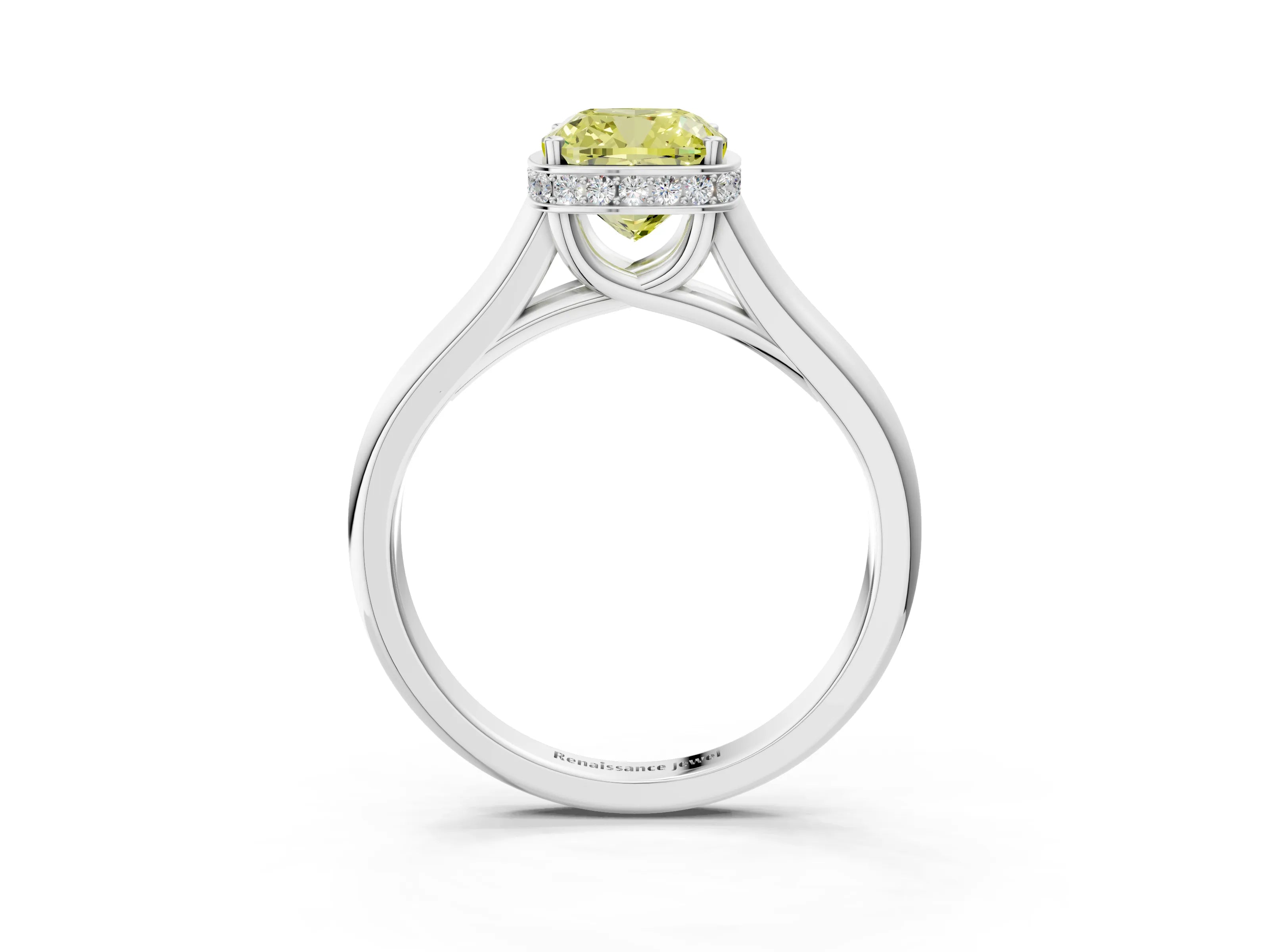 White gold Fancy Yellow Cushion Cut Solitaire Diamond Engagement Ring with Four-Prong Setting and Tapered Band_3