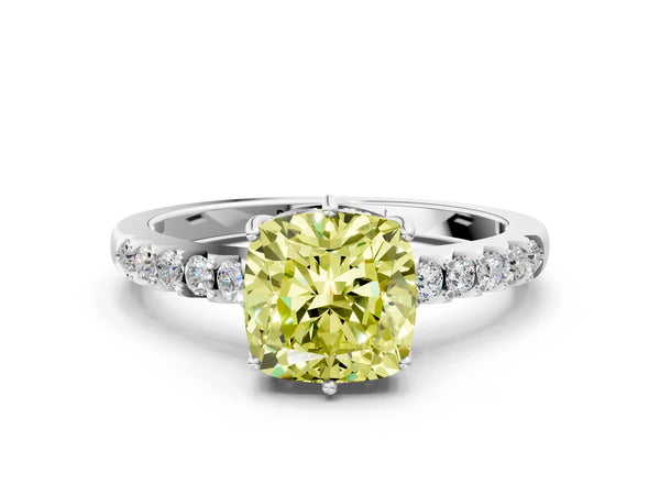 Platinum Fancy Yellow Cushion Cut Solitaire Diamond Engagement Ring with Pavé Band and Six-Prong Setting