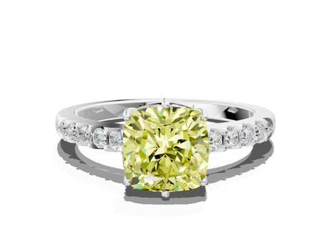 White gold Fancy Yellow Cushion Cut Solitaire Diamond Engagement Ring with Pavé Band and Six-Prong Setting_12
