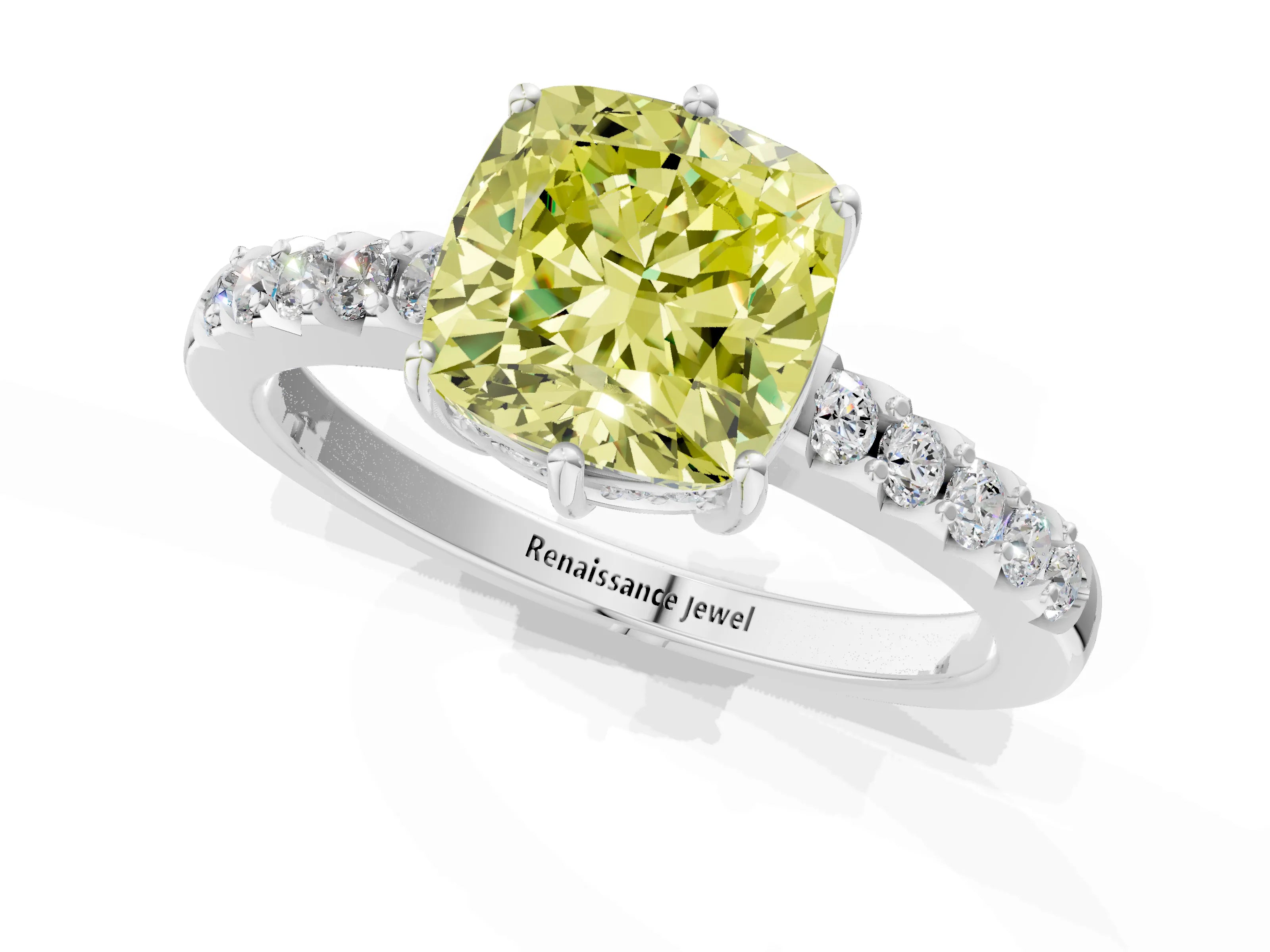 White gold Fancy Yellow Cushion Cut Solitaire Diamond Engagement Ring with Pavé Band and Six-Prong Setting_13