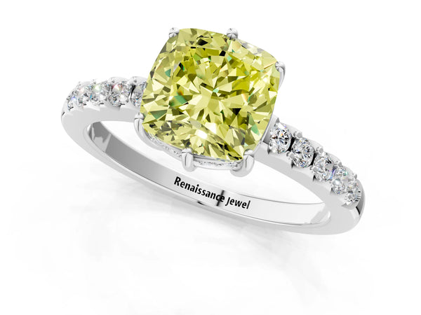 Platinum Fancy Yellow Cushion Cut Solitaire Diamond Engagement Ring with Pavé Band and Six-Prong Setting