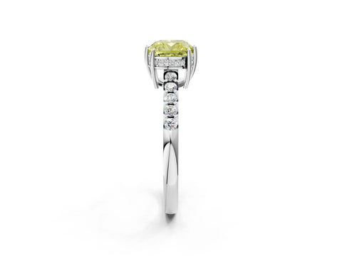 White gold Fancy Yellow Cushion Cut Solitaire Diamond Engagement Ring with Pavé Band and Six-Prong Setting_14