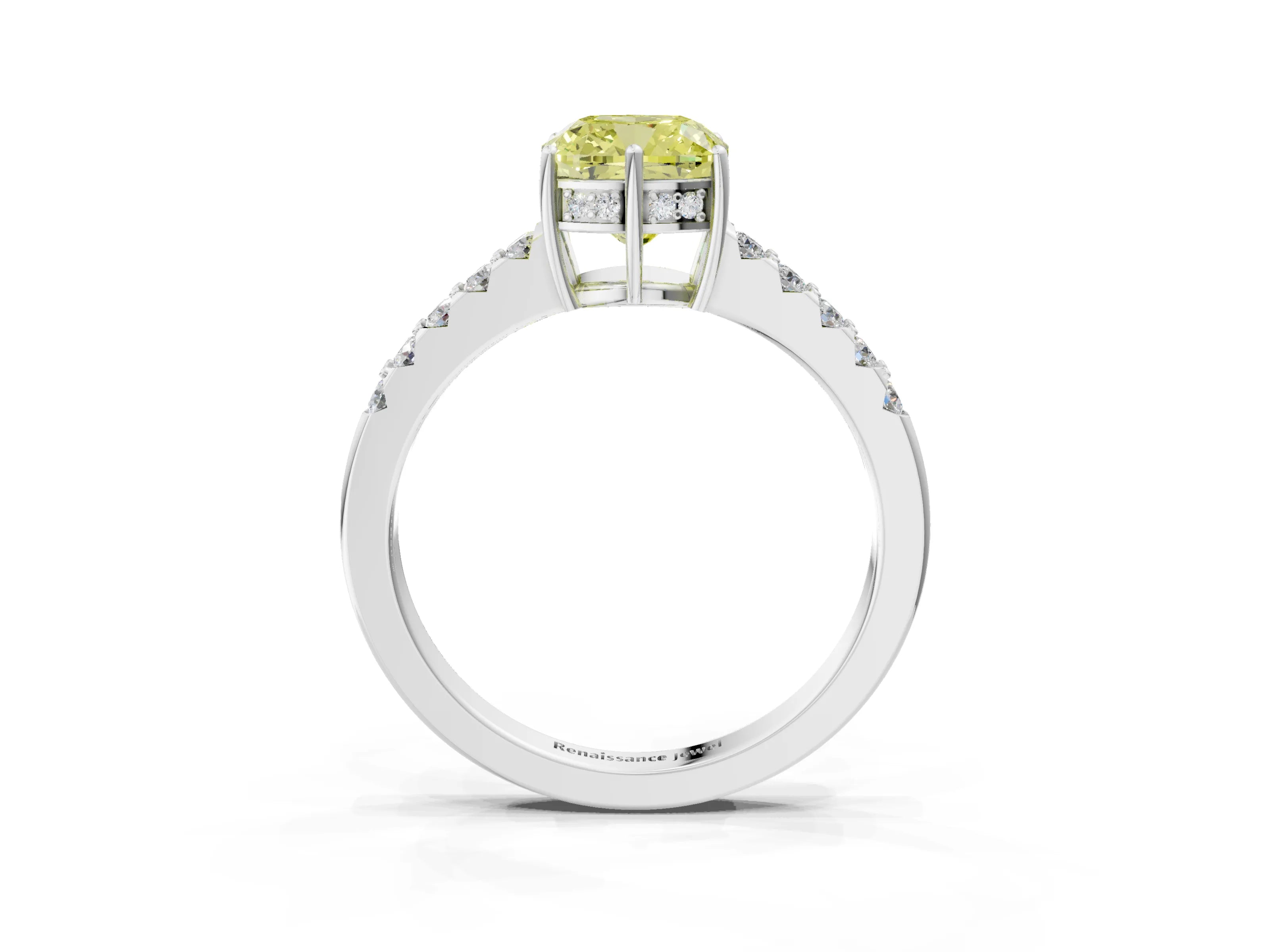 White gold Fancy Yellow Cushion Cut Solitaire Diamond Engagement Ring with Pavé Band and Six-Prong Setting_15