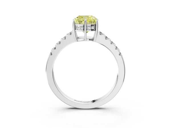 Platinum Fancy Yellow Cushion Cut Solitaire Diamond Engagement Ring with Pavé Band and Six-Prong Setting