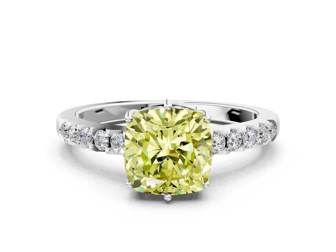 White gold Fancy Yellow Cushion Cut Solitaire Diamond Engagement Ring with Pavé Band and Six-Prong Setting_24
