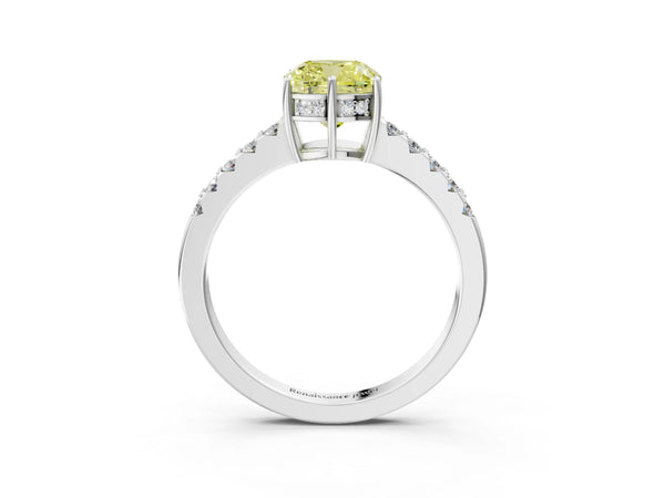 Platinum Fancy Yellow Cushion Cut Solitaire Diamond Engagement Ring with Pavé Band and Six-Prong Setting