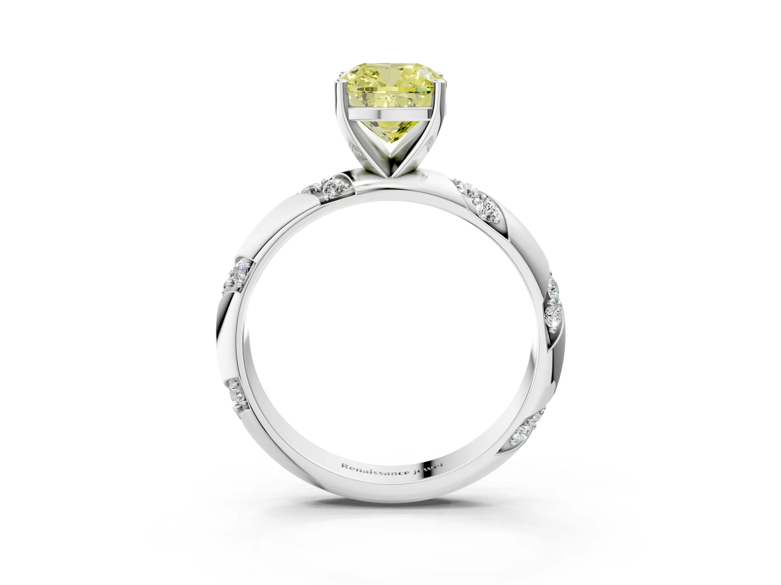 White gold Fancy Yellow Cushion Cut Solitaire Diamond Engagement Ring with Twisted Pave Band and Four-Prong Setting_82