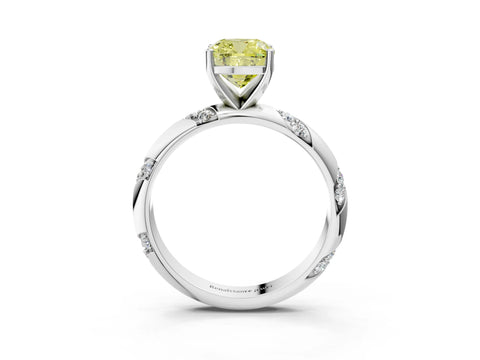 White gold Fancy Yellow Cushion Cut Solitaire Diamond Engagement Ring with Twisted Pave Band and Four-Prong Setting_82