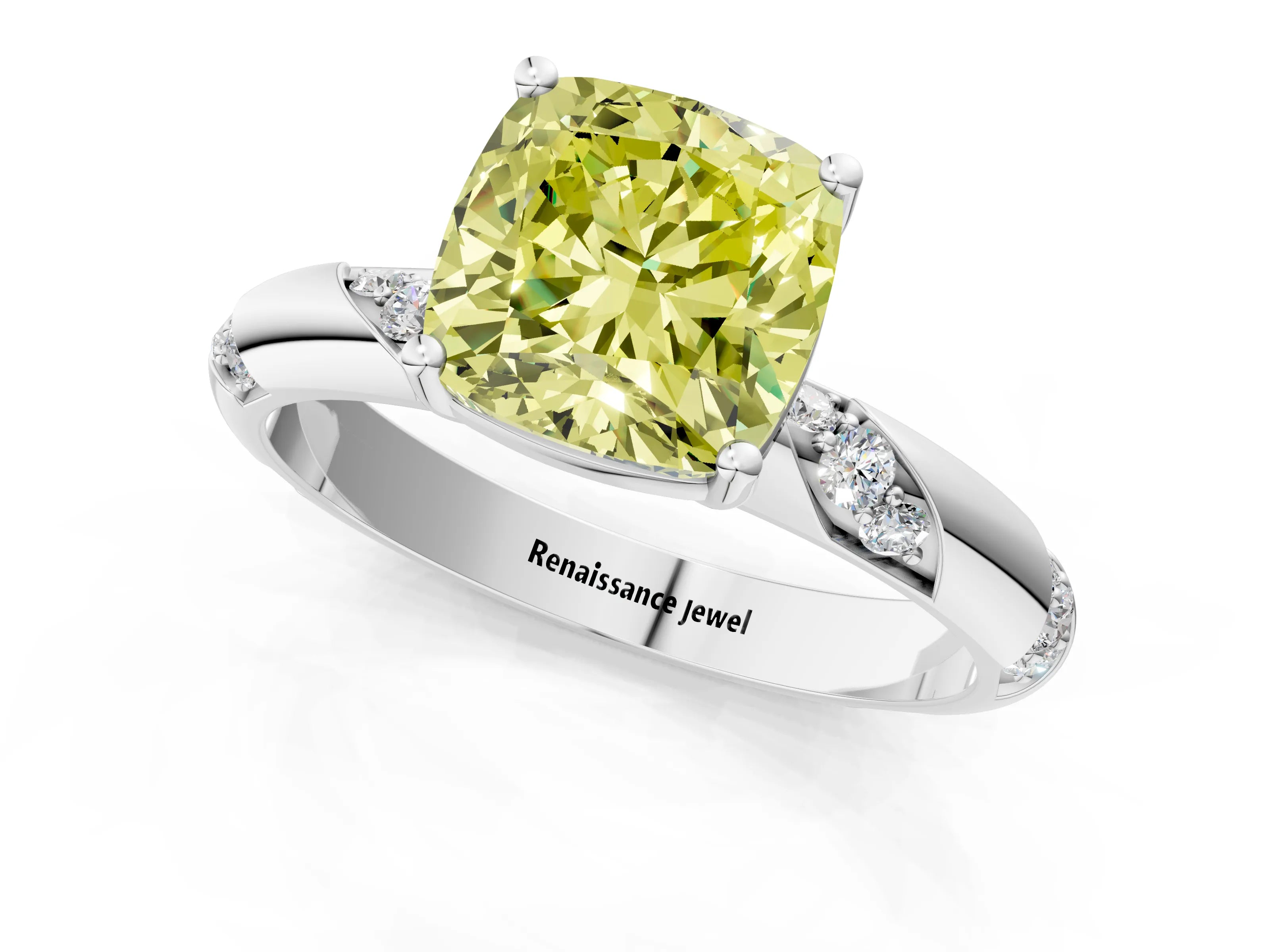 White gold Fancy Yellow Cushion Cut Solitaire Diamond Engagement Ring with Twisted Pave Band and Four-Prong Setting_88